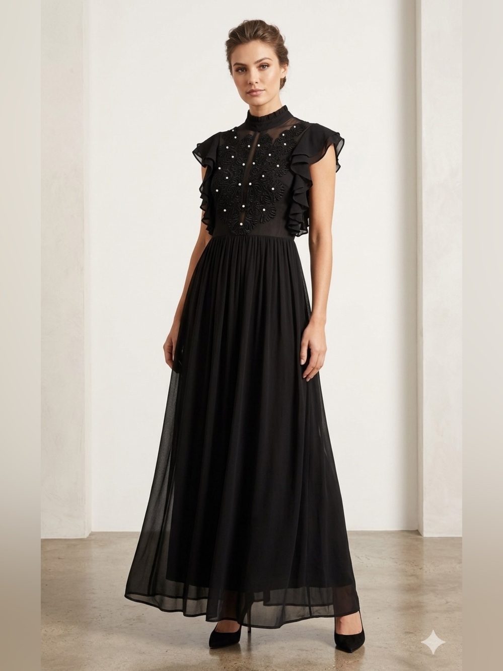 Manoush Black Ruffle Embroidered Maxi Dress Gown Sheer Mirror Detail Size 2